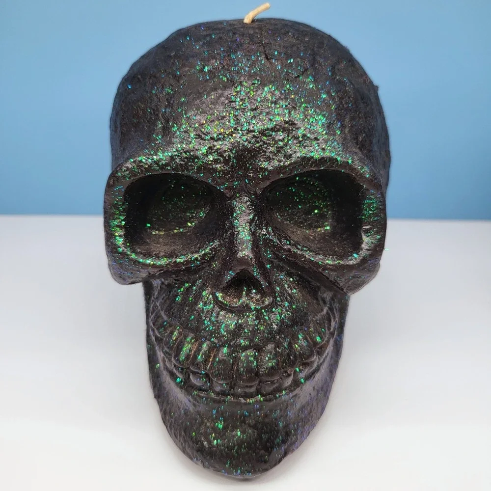 Halloween Skull Candles • Glitter Skull Candle Set • Green • 4.75